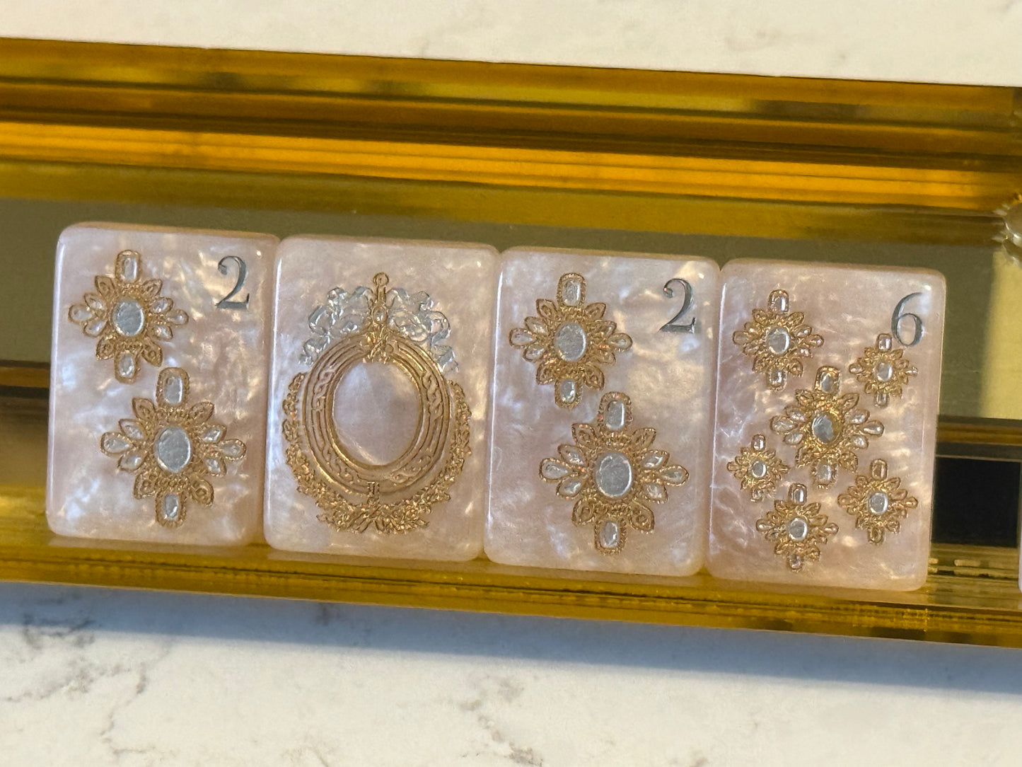 Club Mah Jenn D'or Pink Mother of Pearl Mah Jong Set with Silver & Gold design